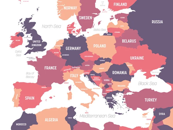 Mapa Evropy. Vysoce podrobná politická mapa evropského kontinentu s označením zemí, oceánů a moří — Stockový vektor