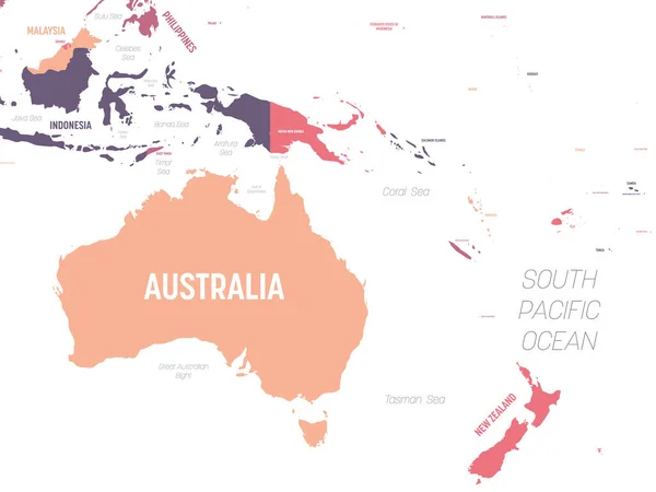 Mapa da Austrália e Oceania. Mapa político detalhado da região australiana e pacífica com nomes de países, oceanos e mares rotulados — Vetor de Stock