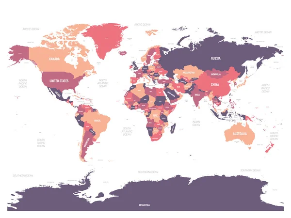 Wereldkaart. Hoge gedetailleerde politieke kaart van de wereld met land, oceaan en zee namen labeling — Stockvector