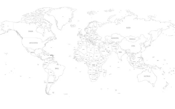 世界地図。国名のついた詳細な黒い輪郭の政治地図。ベクトルマップ — ストックベクタ