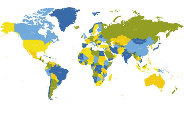 แผนที่โลก แผนที่ทางการเมืองที่มีรายละเอียดสูงของโลกที่มีฉลากชื่อประเทศ แผนที่เวกเตอร์ชุดสี 5 ตัวบนพื้นหลังสีขาว — ภาพเวกเตอร์สต็อก