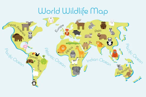 Mappa della fauna selvatica mondiale - continenti con fauna tipica. Animali dei cartoni animati divertenti. Tappeto o poster per bambini. Illustrazione vettoriale — Vettoriale Stock