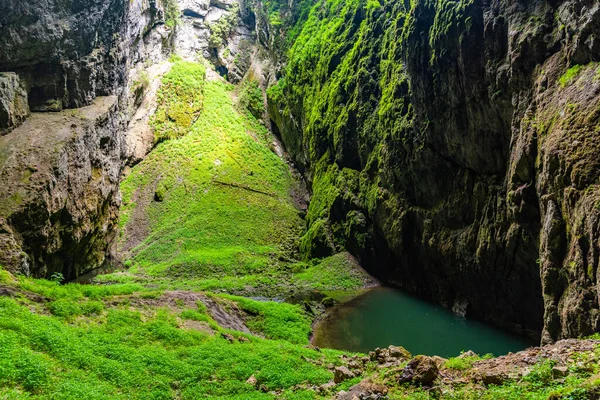 Macocha Abyss - grote kalksteenkloof in Moravië Karst, Tsjechië: Moravsky Kras, Tsjechië. Zicht van onderaf. — Stockfoto