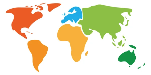 Mnohobarevná mapa světa rozdělena do šesti kontinentů v různých barvách - Severní Amerika, Jižní Amerika, Afrika, Evropa, Asie a Austrálie. Zjednodušená hladká silueta vektorové mapy — Stockový vektor