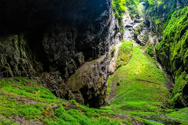 Abismo de Macocha - gran desfiladero de piedra caliza en Karst de Moravia, República Checa: Moravsky Kras, República Checa. Vista desde abajo. — Foto de Stock