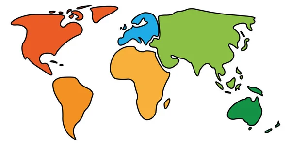 Mnohobarevná mapa světa rozdělena do šesti kontinentů v různých barvách - Severní Amerika, Jižní Amerika, Afrika, Evropa, Asie a Austrálie. Zjednodušená hladká silueta vektorové mapy — Stockový vektor