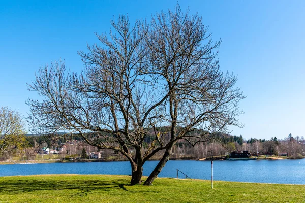 Mseno-Stausee mit altem Steindamm am sonnigen Tag. Jablonec nad Nisou, Tschechische Republik — Stockfoto