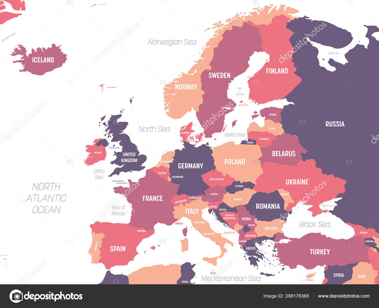欧洲地图。标有国家、海洋和海洋名称的欧洲大陆高度详细的政治地图图库矢量图作者：© pyty 398178368