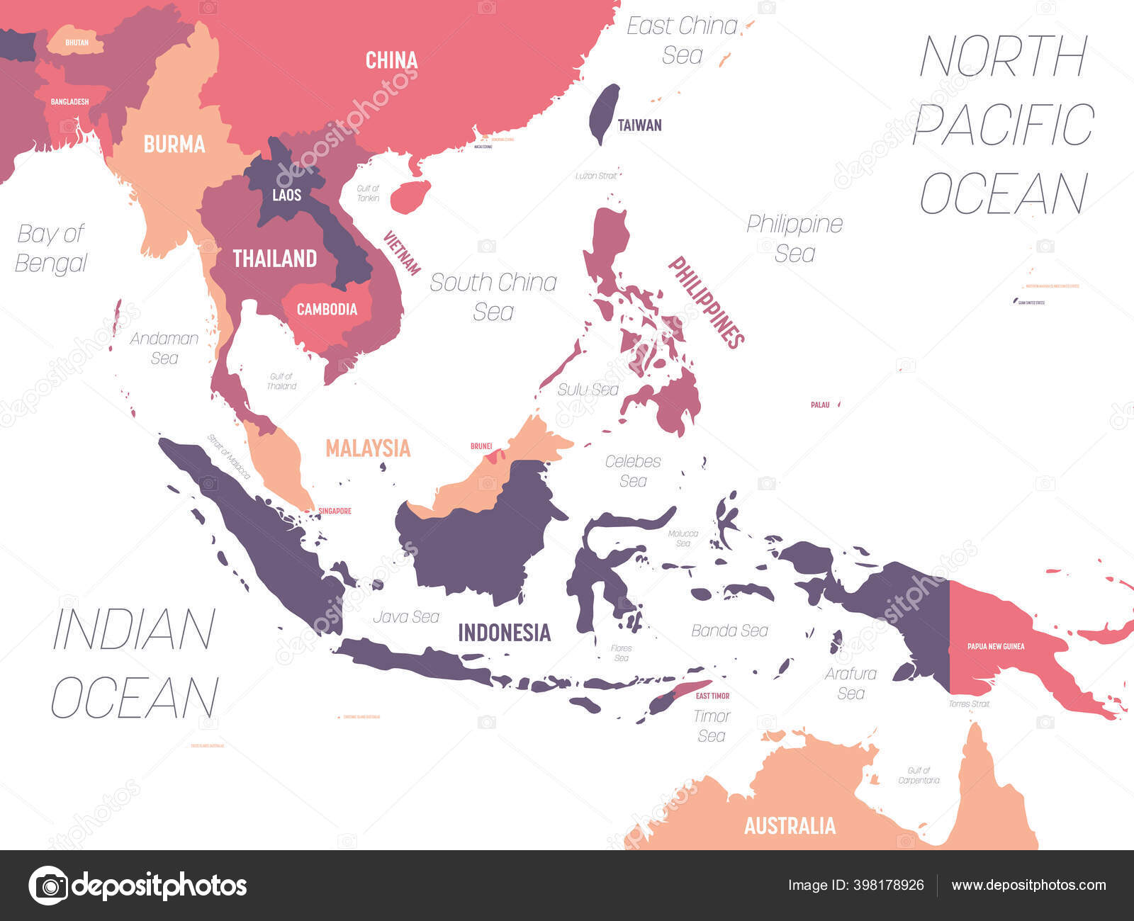 southeast-asia-map-high-detailed-political-map-of-southeastern-region-with-country-ocean-and-sea-names-labeling-stock-vector-by-pyty-398178926