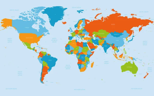 Mapa del mundo. Alto mapa político detallado de Mundo con etiquetado de nombres de países, océanos y mares. 5 colores esquema mapa vectorial sobre fondo blanco — Archivo Imágenes Vectoriales