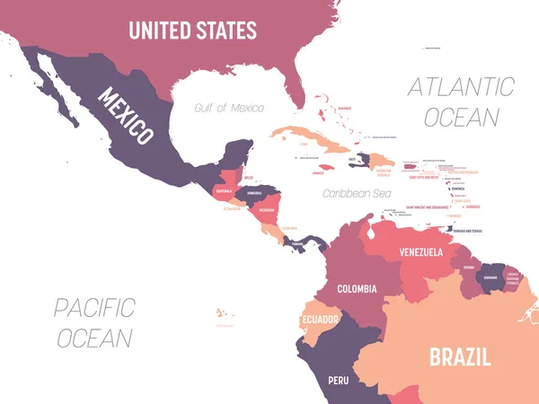 Mapa de Centroamérica. Mapa político detallado de la región de Centroamérica y el Caribe con nombres de países, océanos y mares etiquetados — Vector de stock