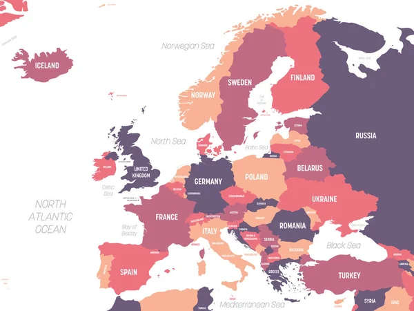 Mapa Evropy. Vysoce podrobná politická mapa evropského kontinentu s označením zemí, oceánů a moří — Stockový vektor
