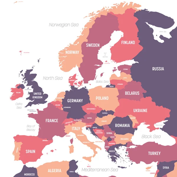 Mappa dell'Europa. Alta mappa politica dettagliata del continente europeo con i nomi dei paesi, degli oceani e dei mari — Vettoriale Stock