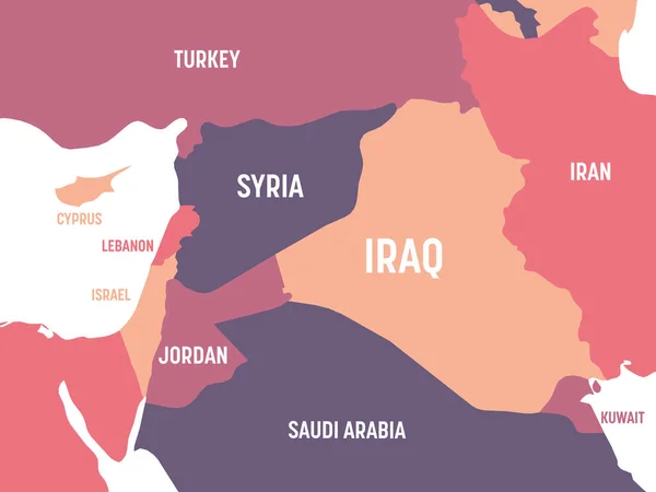 Mapa de Oriente Medio. Mapa político detallado de Oriente Medio y la región de la Península Arábiga con nombres de países, océanos y mares etiquetados — Vector de stock