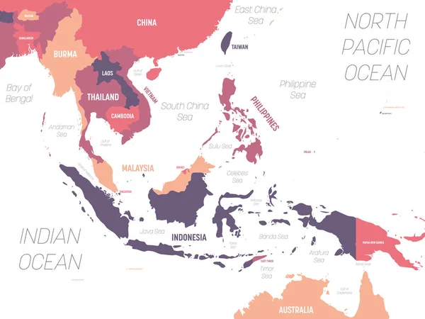 Asie du Sud-Est carte. Carte politique détaillée de la région du sud-est avec marquage des noms de pays, d'océan et de mer — Image vectorielle