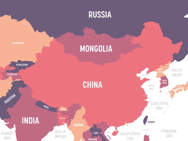 Kinakart. Høyt detaljert politisk kart over Kina og naboland med land-, hav- og sjønavn merket – stockvektor