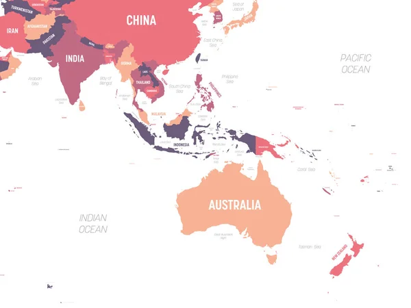 Carte Australie et Asie du Sud-Est. Carte politique détaillée de la région australienne et de l'Asie du Sud-Est avec l'étiquetage des noms de pays, d'océan et de mer — Image vectorielle