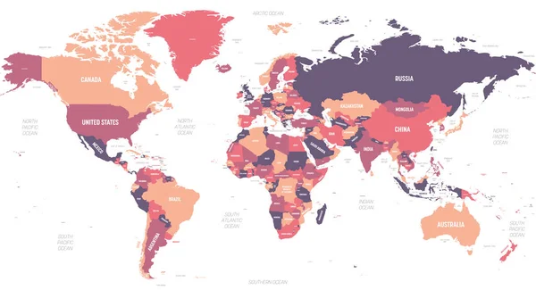 世界地图。高度详细的世界政治地图，标明国家、海洋和海洋名称 — 图库矢量图片