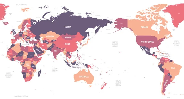 Mapa del mundo Asia, Australia y el Océano Pacífico centrado. Mapa político detallado de Mundo con nombres de países, océanos y mares etiquetados — Vector de stock