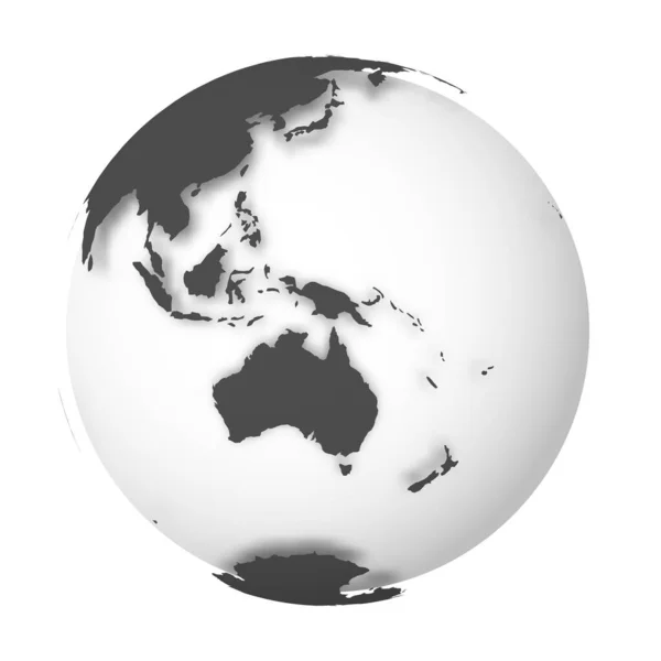 Globo terrestre. Mapa del mundo 3D con tierras blancas que caen sombras sobre mares y océanos de color gris claro. Ilustración vectorial — Vector de stock