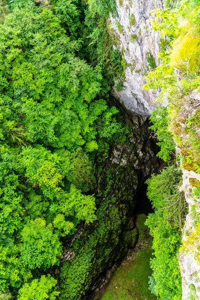 Macocha Abyss - grote kalksteenkloof in Moravië Karst, Tsjechië: Moravsky Kras, Tsjechië. Uitzicht vanaf de bovenkant - bovenste lookput platform — Stockfoto