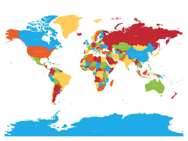 Carte du monde. Carte politique détaillée du monde avec étiquetage des noms de pays. Carte vectorielle à 5 couleurs sur fond blanc — Image vectorielle