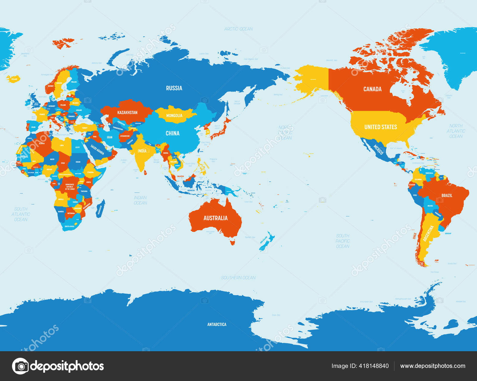 World Color Map Continents and Country Name Stock Illustration