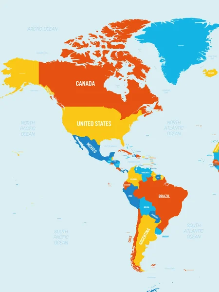 Amerikas Karte - 4 helle Farbgebung. Hoch detaillierte politische Landkarte des nord- und südamerikanischen Kontinents mit Beschriftung von Land, Ozean und Meer — Stockvektor