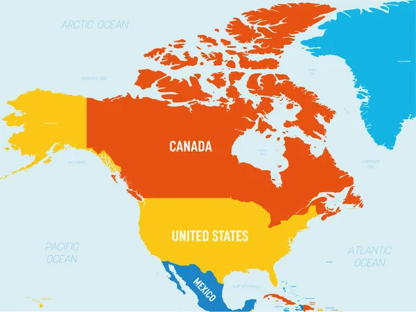 Mappa del Nord America - 4 colori vivaci. Alta mappa politica dettagliata continente nordamericano con paese, mare e nomi marini etichettatura — Vettoriale Stock