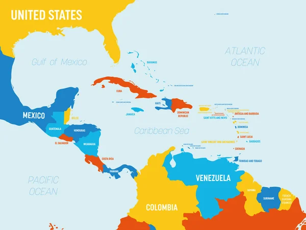 Mapa de Centroamérica - 4 esquema de colores brillantes. Mapa político detallado de la región de Centroamérica y el Caribe con nombres de países, océanos y mares etiquetados — Vector de stock