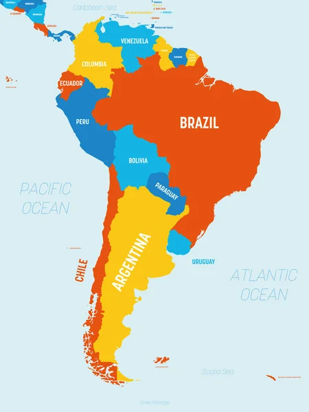 South America map - 4 bright color scheme. High detailed political map South American continent with country, ocean and sea names labeling — Stock Vector