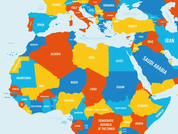 Észak-Afrika térkép - 4 élénk színű rendszer. Észak-afrikai rgion részletes politikai térképe ország-, óceán- és tengernévvel — Stock Vector