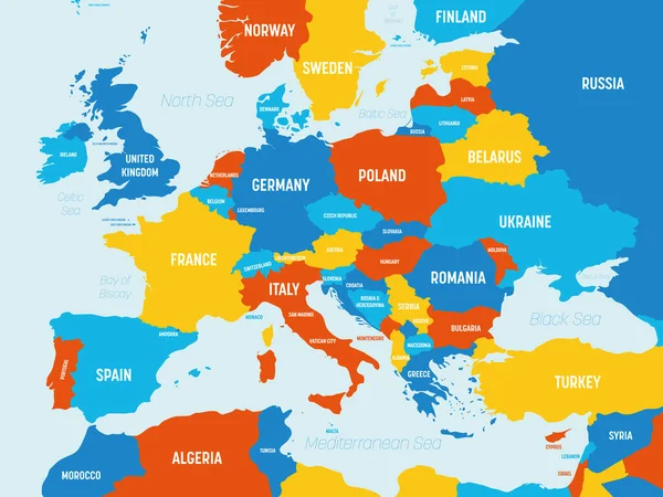 Europa kaart - 4 heldere kleurenschema. Hoge gedetailleerde politieke kaart van het Europese continent met land, oceaan en zee namen labeling — Stockvector