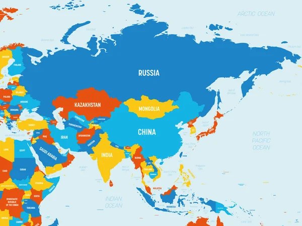 Asie 4 schéma de couleurs vives. Carte politique détaillée du continent asiatique avec l'étiquetage des noms de pays, d'océan et de mer — Image vectorielle