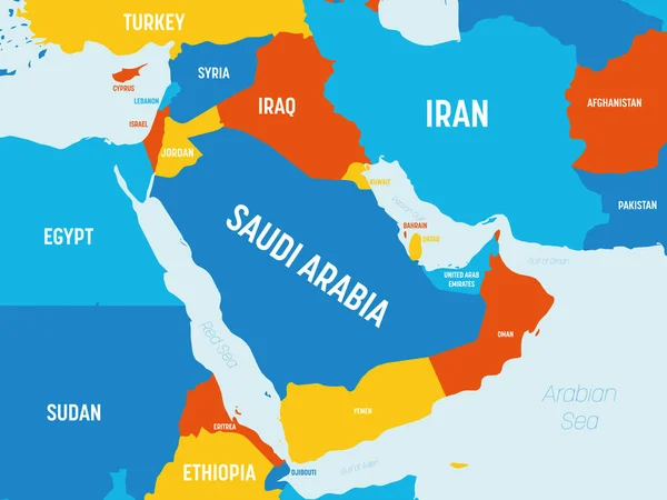 Střední východ mapa - 4 světlé barevné schéma. Vysoce podrobná politická mapa regionu Středního východu a Arabského poloostrova se značením jmen zemí, oceánů a moří — Stockový vektor