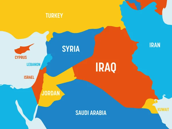 Mapa do Oriente Médio - 4 esquema de cores brilhantes. Mapa político detalhado da região do Oriente Médio e Península Arábica com nomes de países, oceanos e mares rotulados — Vetor de Stock