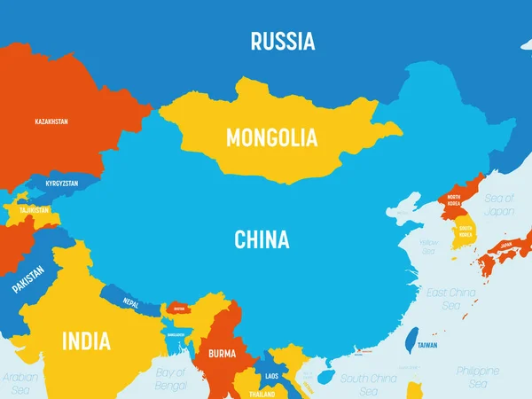 Карта Китая - 4 яркая цветовая схема. Высокая детальная политическая карта Китая и соседних стран с маркировкой названий стран, океанов и морей — стоковый вектор