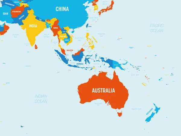 Australië en Zuidoost-Azië kaart - 4 heldere kleurenschema. Hoge gedetailleerde politieke kaart van Australië en Zuidoost-Azië regio met land, oceaan en zee namen labeling — Stockvector