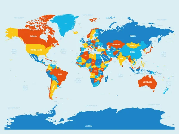 Mapa del mundo - 4 esquema de color brillante. Mapa político detallado de Mundo con nombres de países, océanos y mares etiquetados — Archivo Imágenes Vectoriales