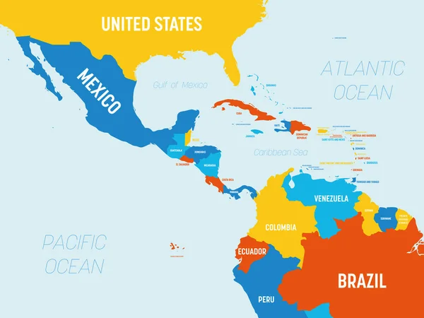 Mappa dell'America Centrale - 4 colori vivaci. Alta mappa politica dettagliata regione centroamericana e caraibica con nomi di paesi, oceani e marini — Vettoriale Stock