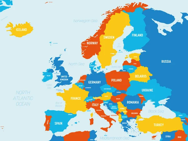 Europakarte - 4 helle Farbgebung. Hoch detaillierte politische Landkarte des europäischen Kontinents mit Beschriftung von Land, Ozean und Meer — Stockvektor