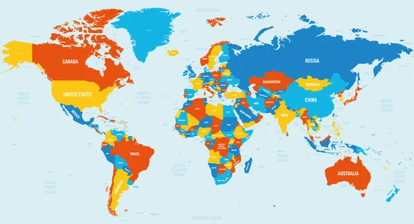 世界地図- 4明るい色のスキーム。国、海、海の名前が表示された世界の詳細な政治地図 — ストックベクタ