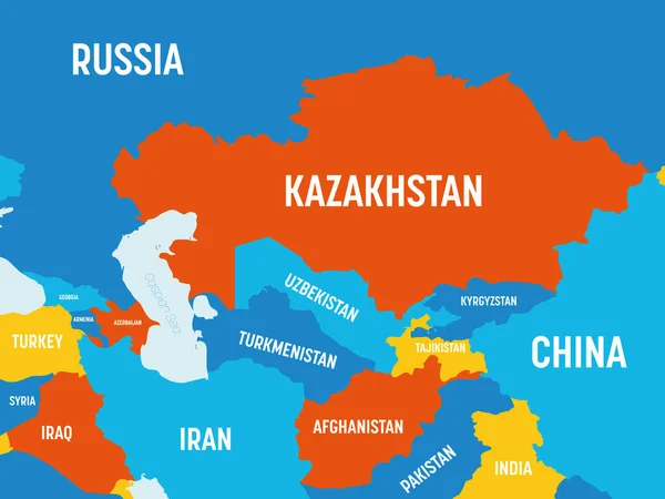 Карта Центральной Азии - 4 ярких цветовых схемы. Высокая детальная политическая карта центрально-азиатского региона с маркировкой названий стран, океанов и морей — стоковый вектор