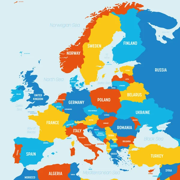 Mappa di Europa - 4 combinazione di colori lucente. Alta mappa politica dettagliata del continente europeo con i nomi dei paesi, degli oceani e dei mari — Vettoriale Stock