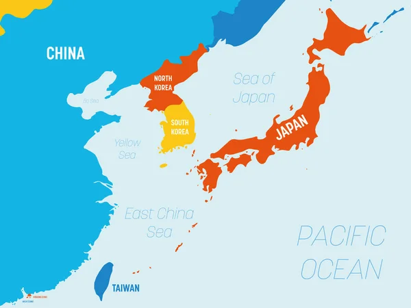 Mapa de Asia Oriental - 4 esquema de color brillante. Mapa político detallado de la región oriental con nombres de país, océano y mar etiquetados — Vector de stock