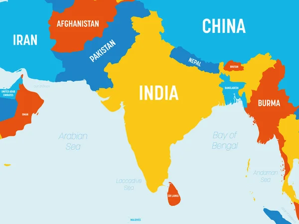 Mapa jižní Asie - 4 světlé barevné schéma. Vysoce podrobná politická mapa jihoasijského regionu a indického subkontinentu s označením zemí, oceánů a moří — Stockový vektor