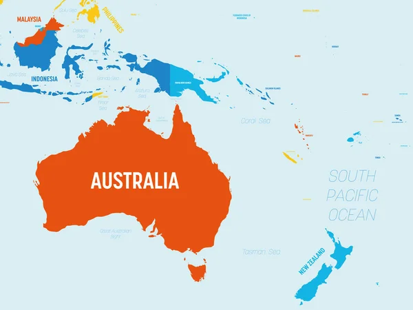 Austrália e Oceania mapa - 4 esquema de cores brilhantes. Mapa político detalhado da região australiana e pacífica com nomes de países, oceanos e mares rotulados —  Vetores de Stock