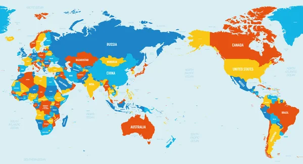 Mapa del mundo Asia, Australia y el Océano Pacífico centrado. 4 esquema de color brillante. Mapa político detallado de Mundo con nombres de países, océanos y mares etiquetados — Vector de stock