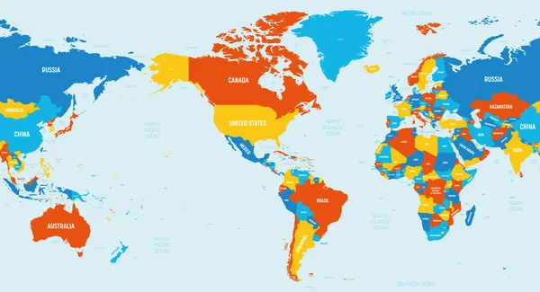 Carte du monde - Amérique centrée. 4 schéma de couleurs vives. Carte politique détaillée du monde avec l'étiquetage des noms de pays, d'océan et de mer — Image vectorielle
