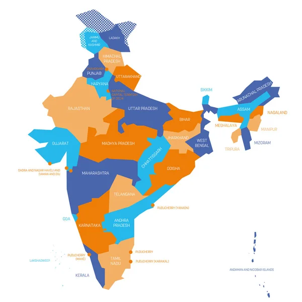 Indie - politická mapa správních oblastí — Stockový vektor